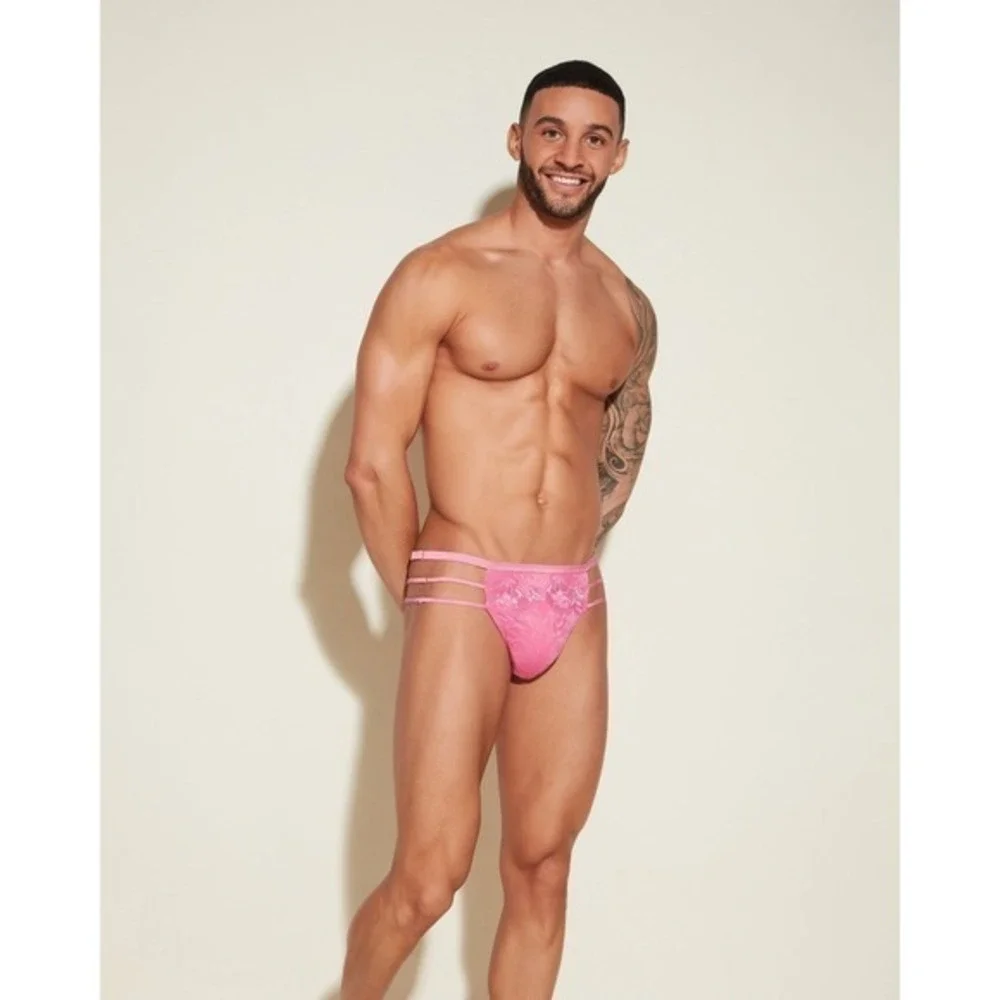 Luxury Cosabella Men's Lace Thong Rani Pink Strappy Brief Made in Italy XL NWT